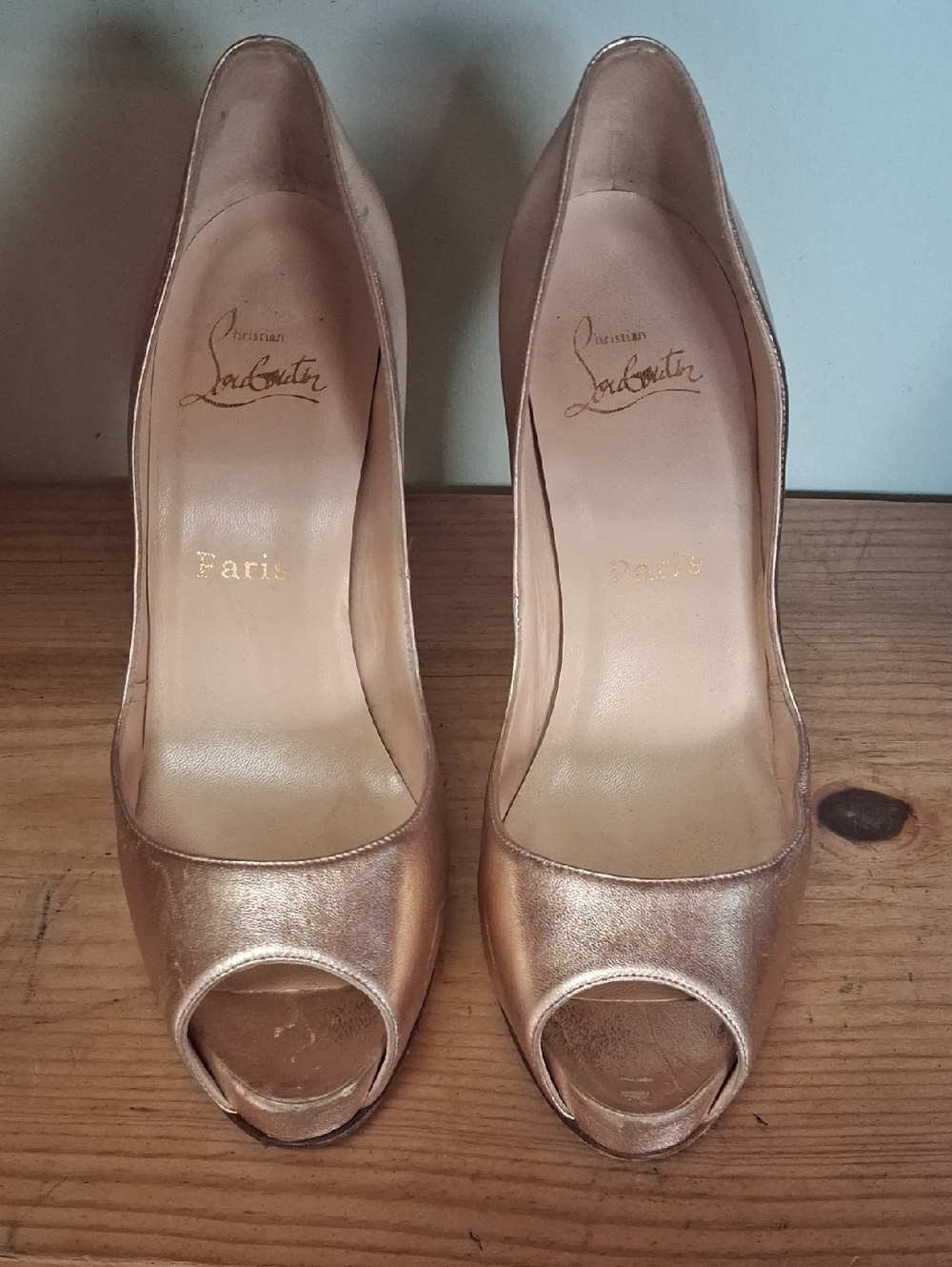 Christian Louboutin Metallic Rose Gold Peep-Toe Pumps